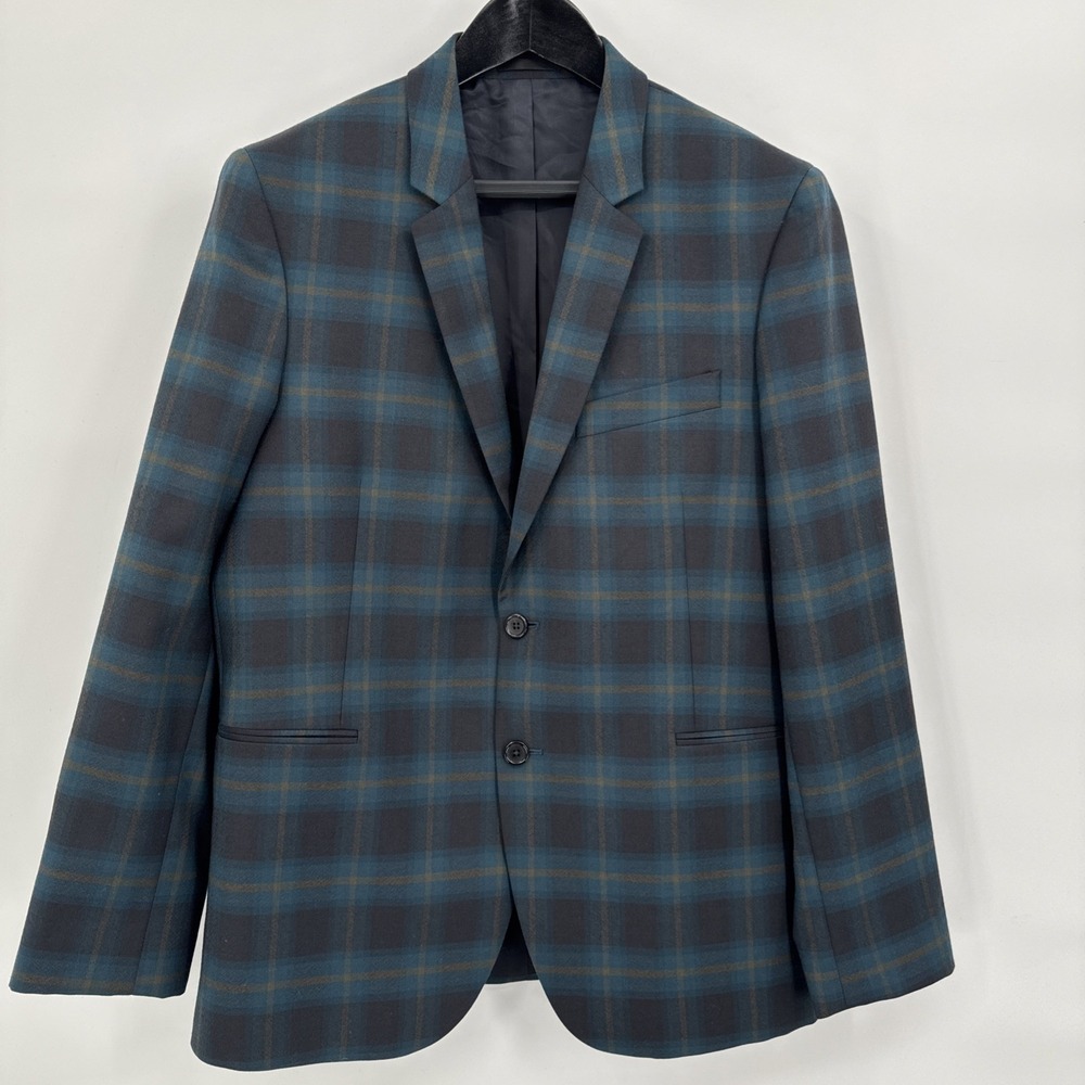 Paul Smith London Men 42/52 Teal Black Windowpane Wool Sport Coat Portugal - Picture 1 of 14